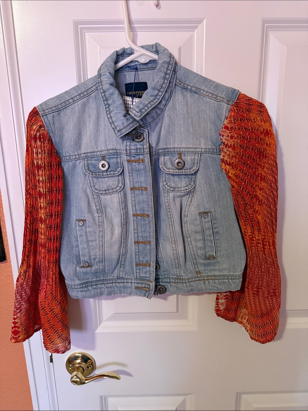Highway Jeans Light Wash Denim Jacket with Orange Balloon Sleeves